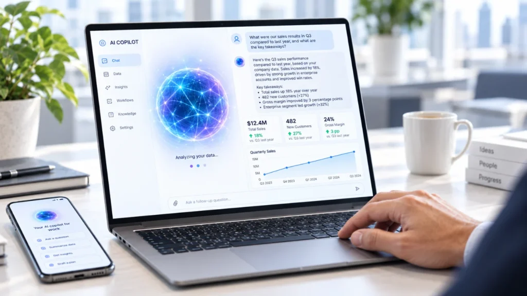 Notebook y celular con un asistente de IA respondiendo sobre los datos de ventas de la empresa
