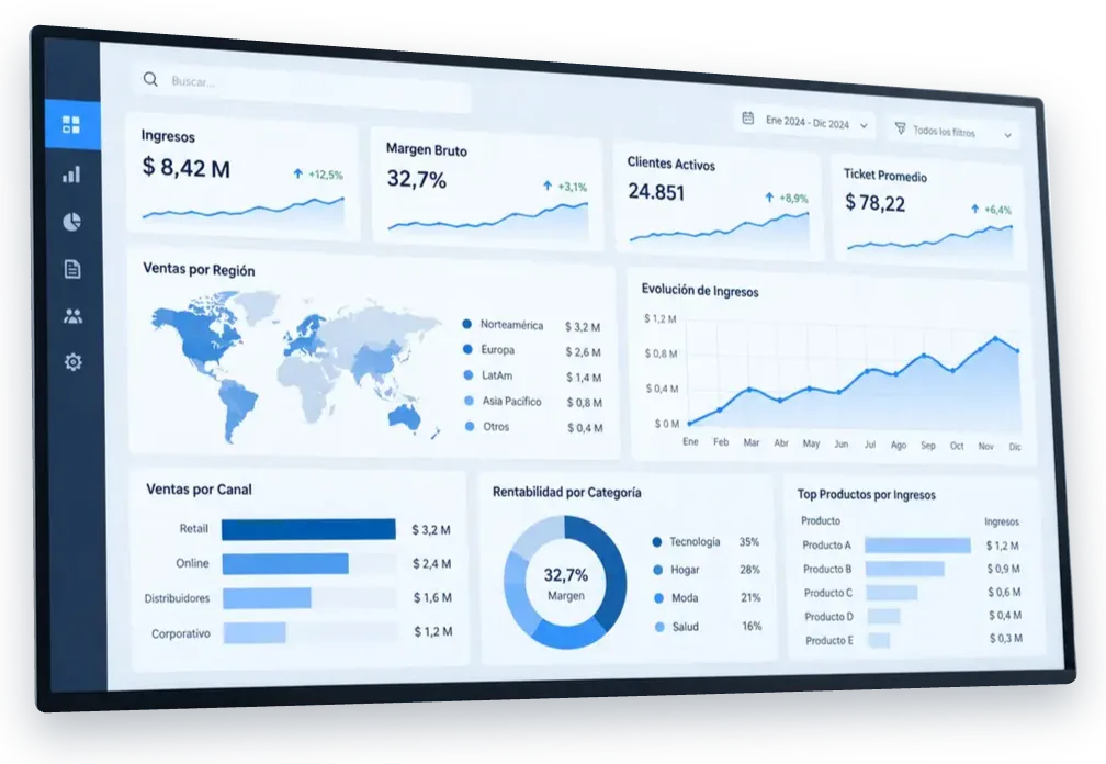 Dashboard ejecutivo de Power BI en monitor: ingresos, margen bruto, ventas por region y canal