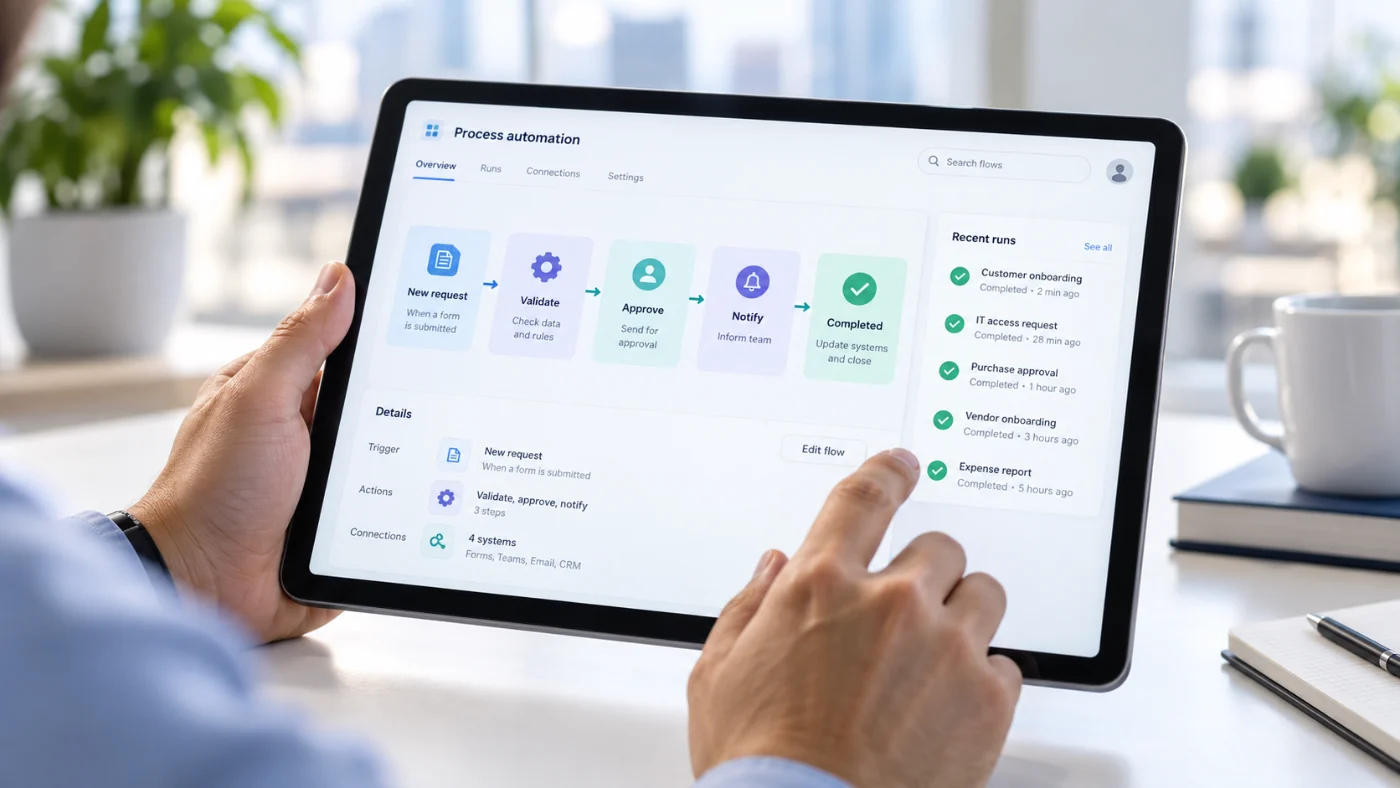 Tablet con un flujo de aprobaciones automatizado paso a paso